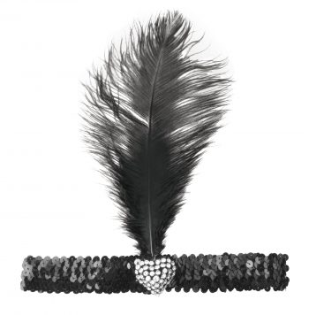 Sequin Flapper Headband with Feather & Crystal Heart Detail – Black/Silver