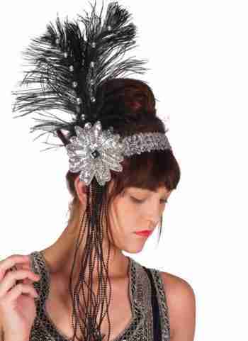 Sequin Flapper Headband with Beads and Feather
