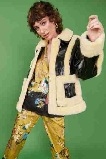 Jayley Collection Yellow Faux Shearling Aviator Jacket