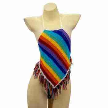 Rainbow Crochet Halter Top with Fringe