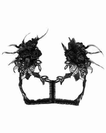 Black Lace Chest Harness with Roses and Feathers